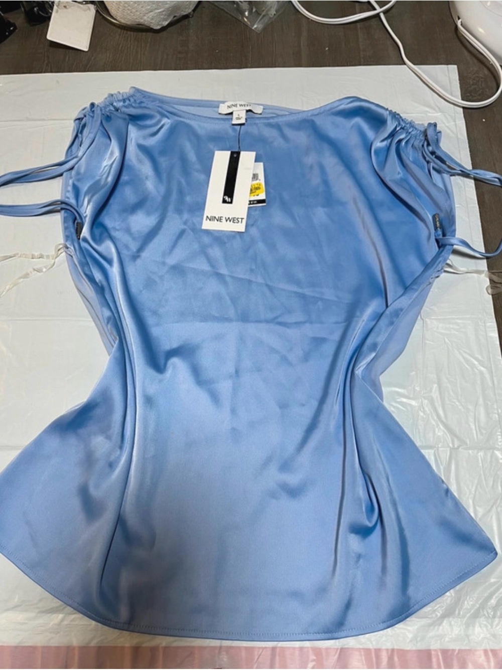 Nine West Sky Blue Satin Mini Dress with Tie Sleeves